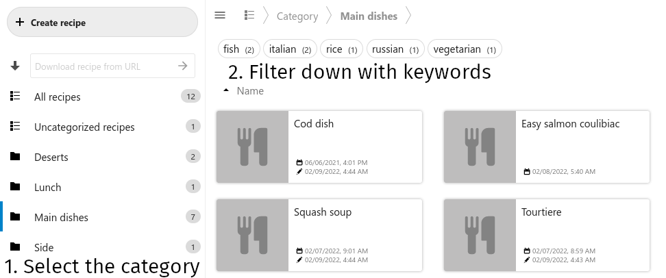 Example workflow using categories for rough filtering and keywords for fine filtering