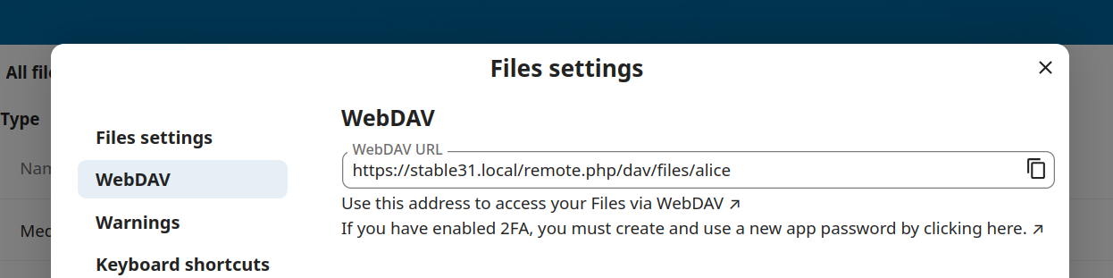 Screenshot of the Files settings showing the personal WebDAV link