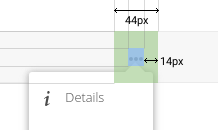Diagram showing required 14px right distance for popover menu positioning relative to the three-dot icon