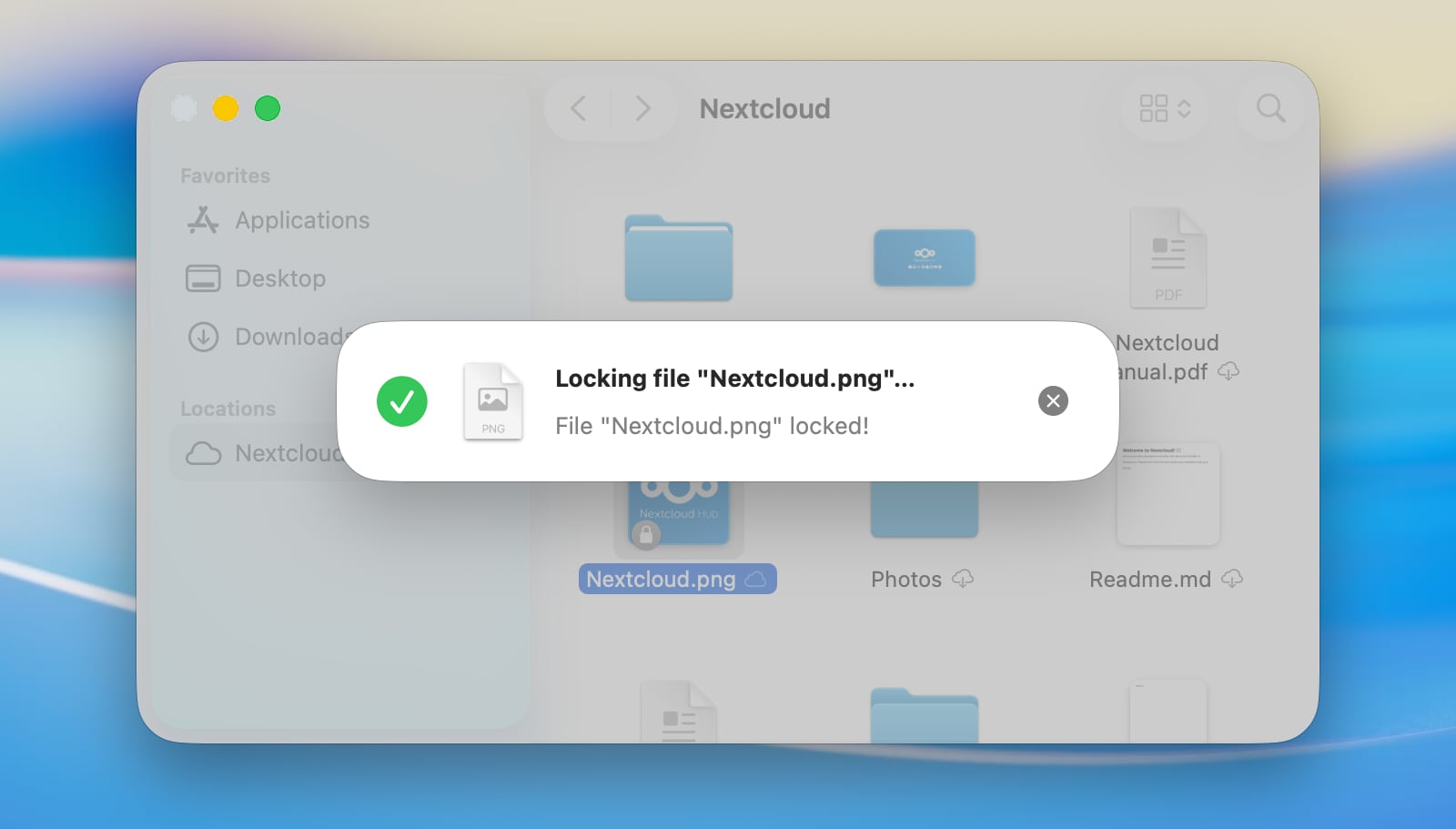Screenshot of Finder showing the successful locking of a file