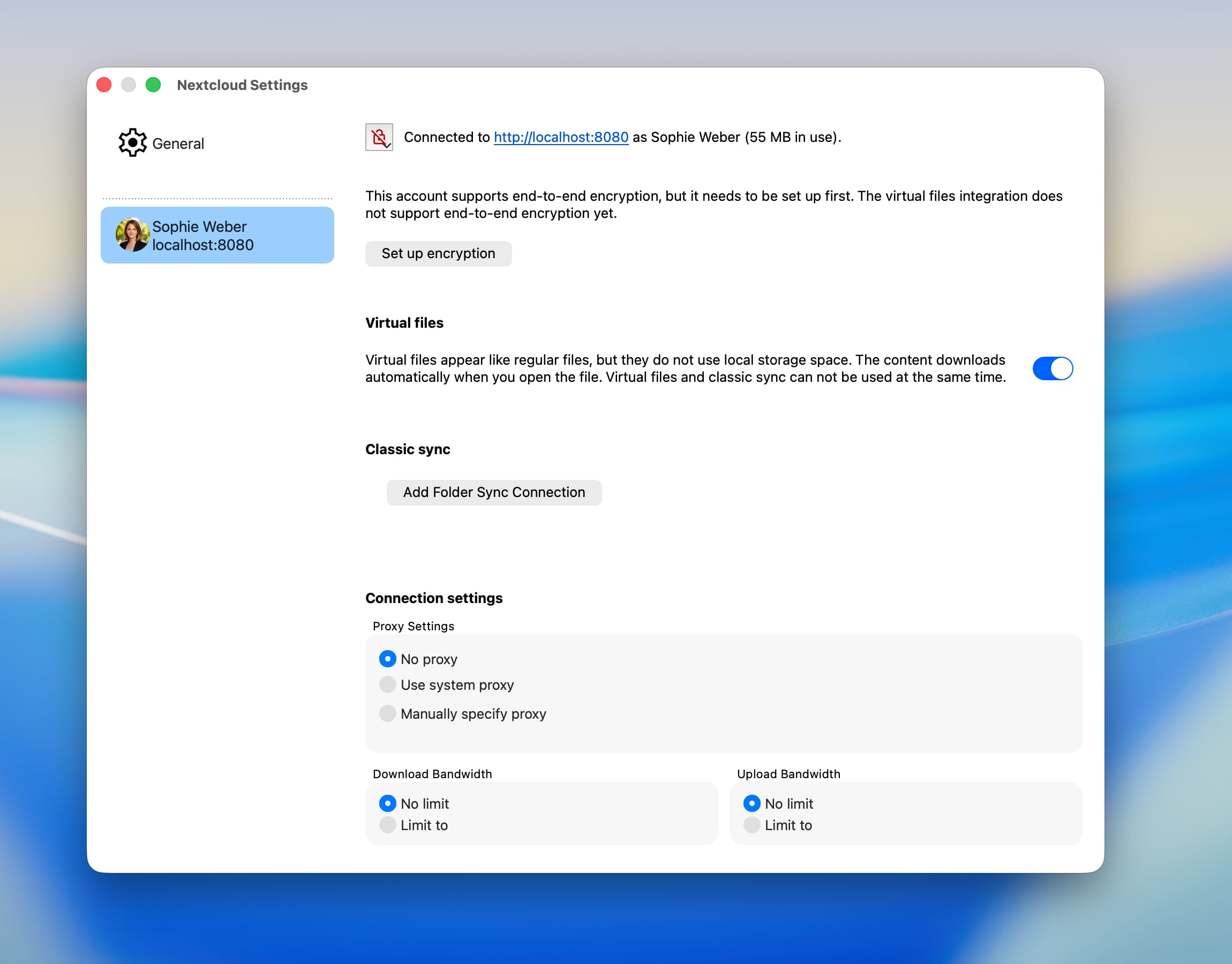 Screenshot of client settings for the file provider extension
